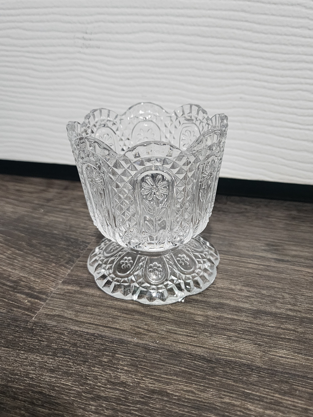 Vintage Avon Pressed Clear Glass Floral Pedestal Candle Holder Fostoria